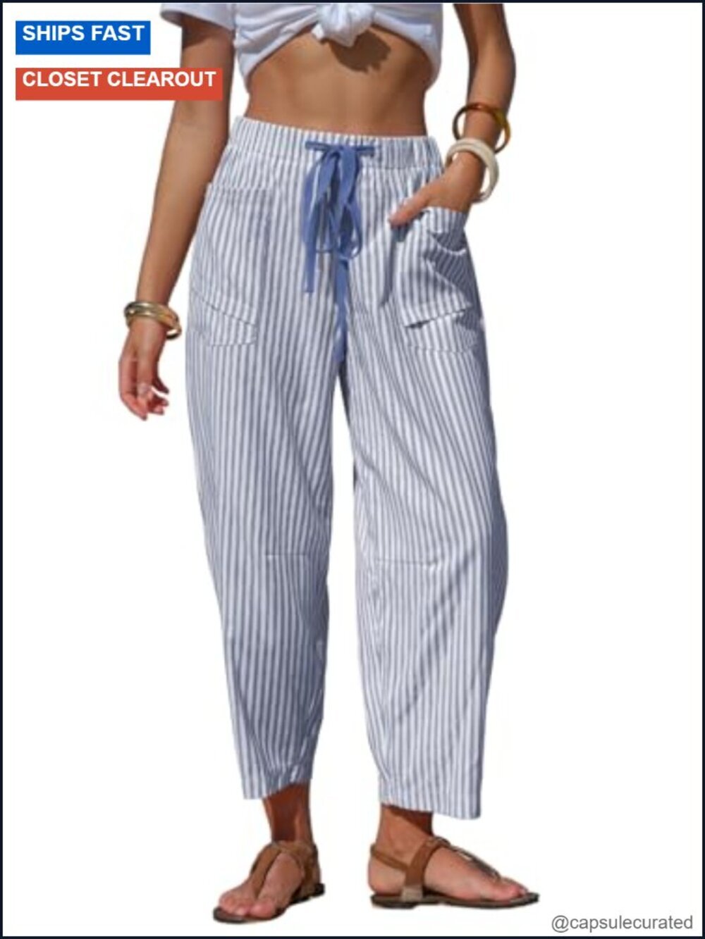 Faux Linen Striped Barrel Pants Drawstring Capri Summer Lounge